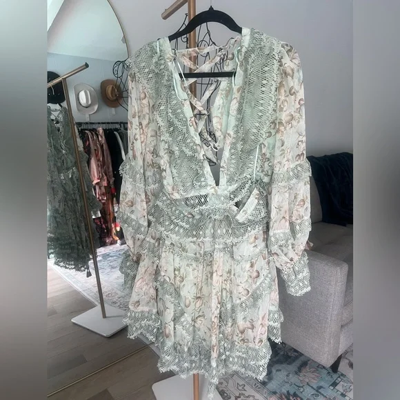 154. Lace Trim Sage Green Dress - 2X, 3X - Picture 3 of 6